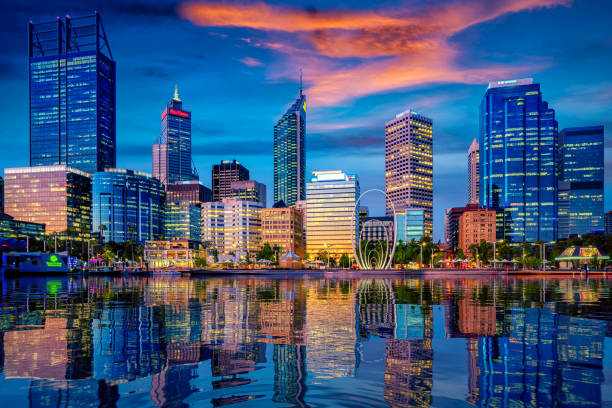 Sunset in Perth city with building and river , Perth, Australia. This image can use for Travel, city, cityscape and australia concept